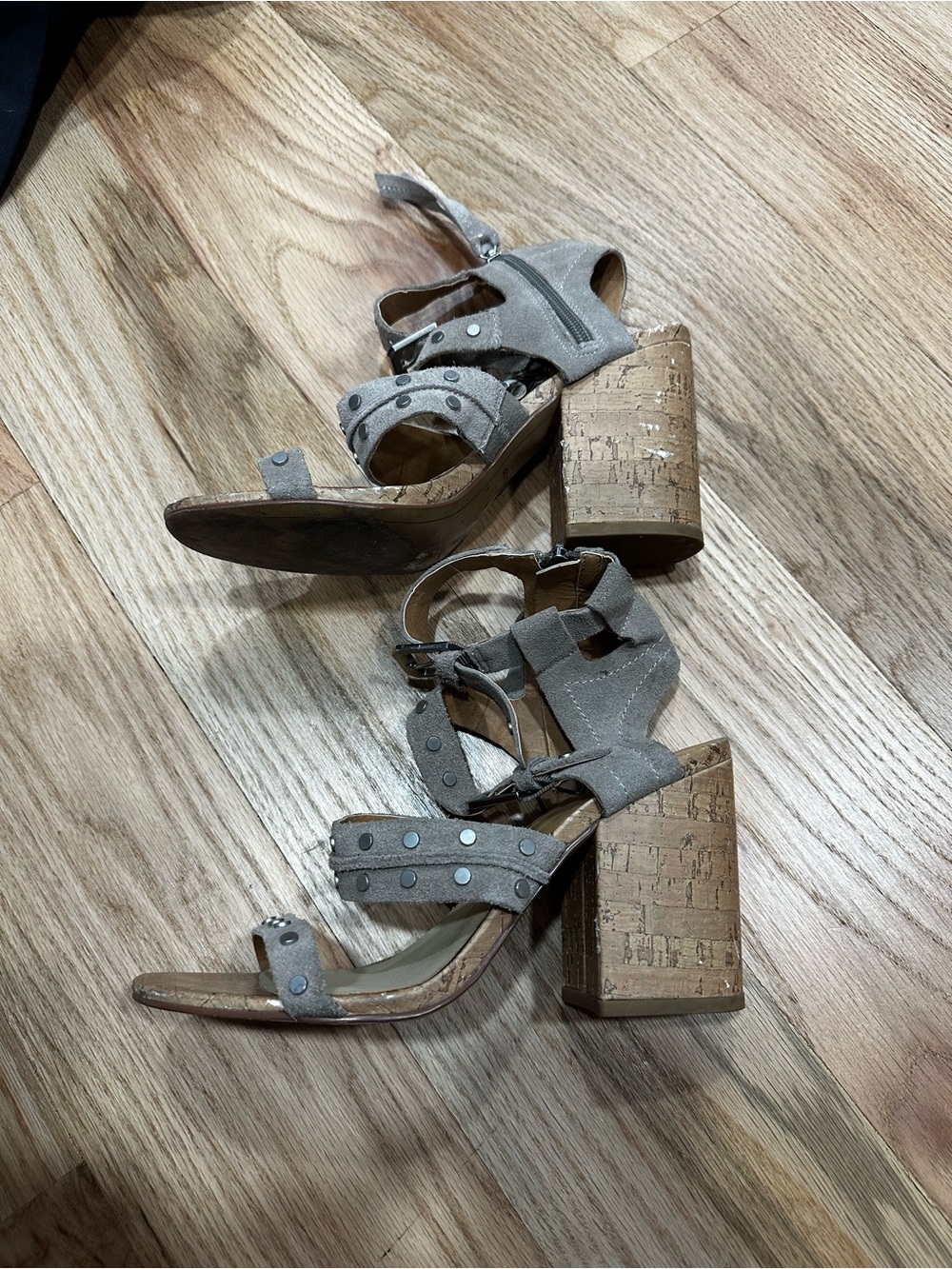 Dolce Vita Taupe Suede Studded Cork Block Heel Sandals